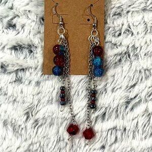 Elegant Red and Blue Beaded Dangle Silver Chain Earrings